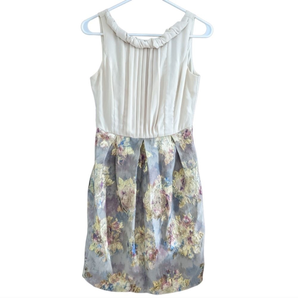 Womens Sleeveless Floral Dress Size Small Gold Ivory Cream Fit Flare Dress